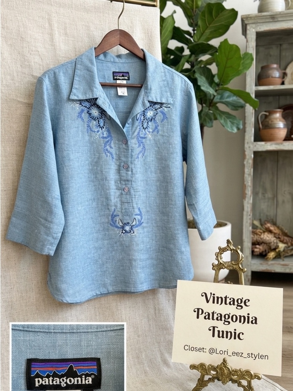 Vintage Patagonia Light Blue Embroidered Hemp-Blend Tunic